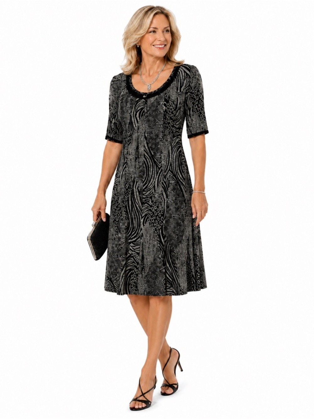 Joseph Ribkoff Women’s Black Swirl Dress Size 10 Stretch Special Occasion Formal